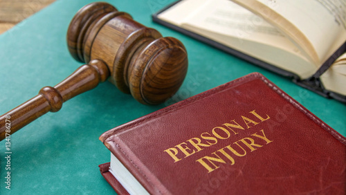 wooden gavel, personal injury law book, legal textbook, teal background, legal documents, courtroom setting, justice concept, personal injury claim, legal representation