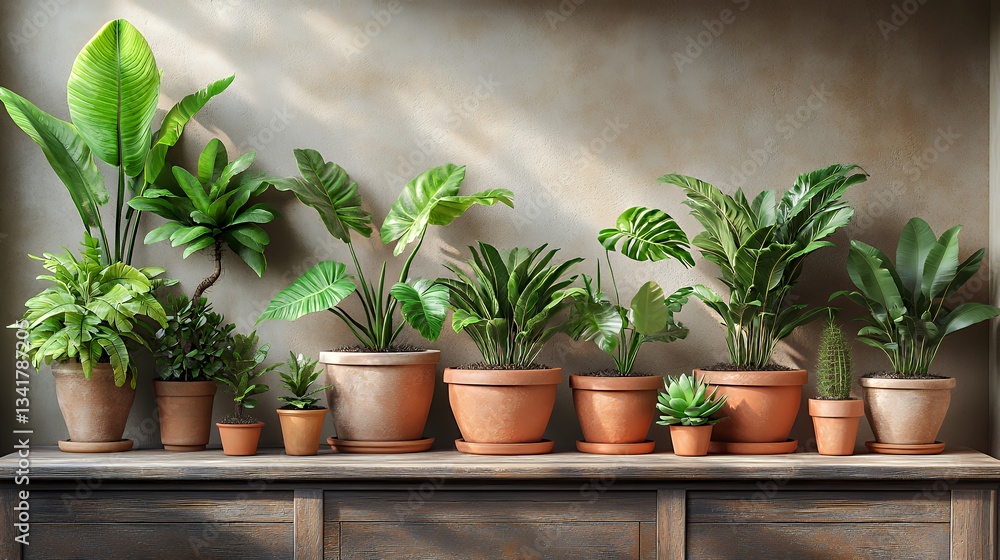 Lush Indoor Plant Display on Wooden Table Enhancing Home Decor Lush Indoor Plant Display on Wooden Table Enhancing Home Decor