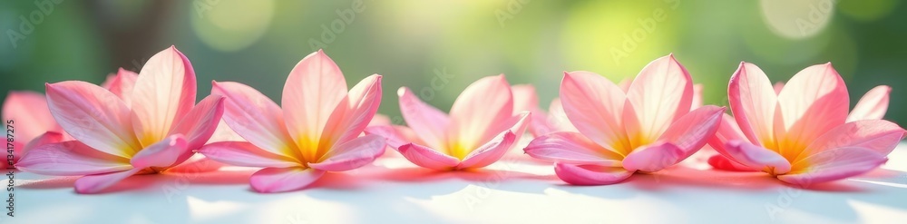 Delicate flower petals unfolding on white surface, peaceful, serenity, garden Delicate flower petals unfolding on white surface, peaceful, serenity, garden