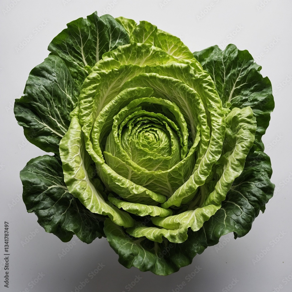 Fototapeta premium A fresh, crisp head of romaine lettuce with bright green layered leaves, isolated on a transparent white clear background.