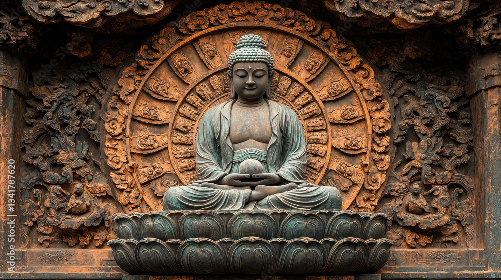Fototapeta premium Buddhism postcard design: intricate stone relief of meditating buddha