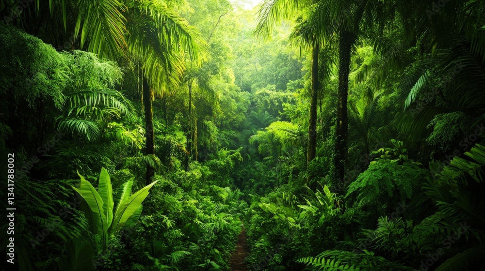 Fototapeta premium Lush green jungle filled with tall trees and dense foliage, creating a serene and vibrant atmosphere.