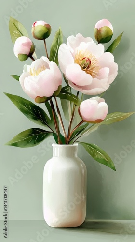 Delicate pink peonies in a white vase against a light mint background in a serene watercolor style