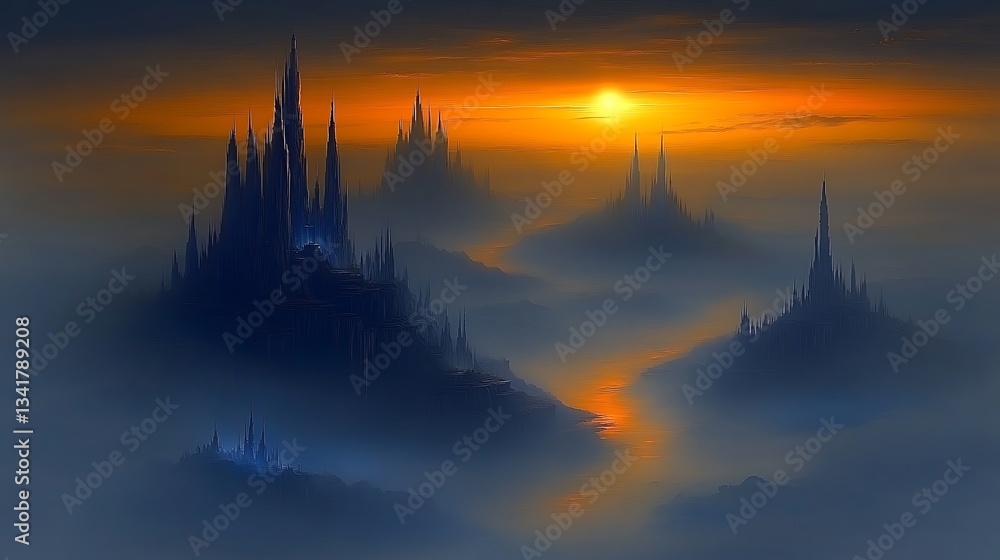 Majestic castles surrounded by mist bask in a sunset glow