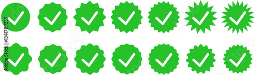 Сollection of green verified checkmark badges in different styles. Suitable for certification, trusted brands, and security authentication