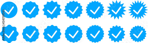 Сollection of blue verified checkmark badges in different styles. Perfect for social media authentication, branding, and digital platforms