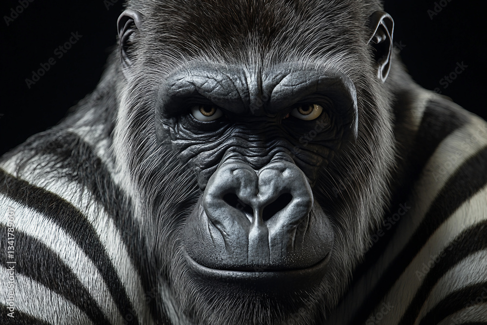 Fototapeta premium Surreal Hybrid Animal With Intense Gaze And Unique Fur Patterns In A Dark Background, Generative AI