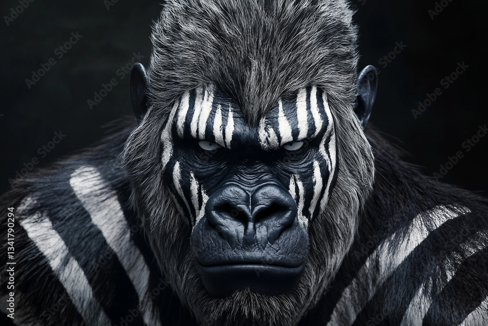 Naklejka premium Surreal Hybrid Animal With Intense Gaze And Unique Fur Patterns In A Dark Background, Generative AI