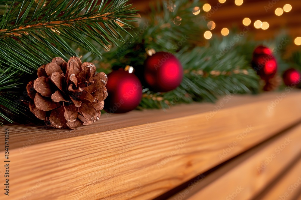 Festive holiday decorations with pine cones and red ornaments on wooden surface. Festive holiday decorations with pine cones and red ornaments on wooden surface.