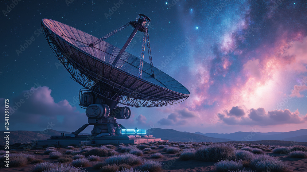 Obraz premium large satellite dish stands in serene landscape under starry sky, capturing signals from cosmos. scene evokes sense of wonder and exploration