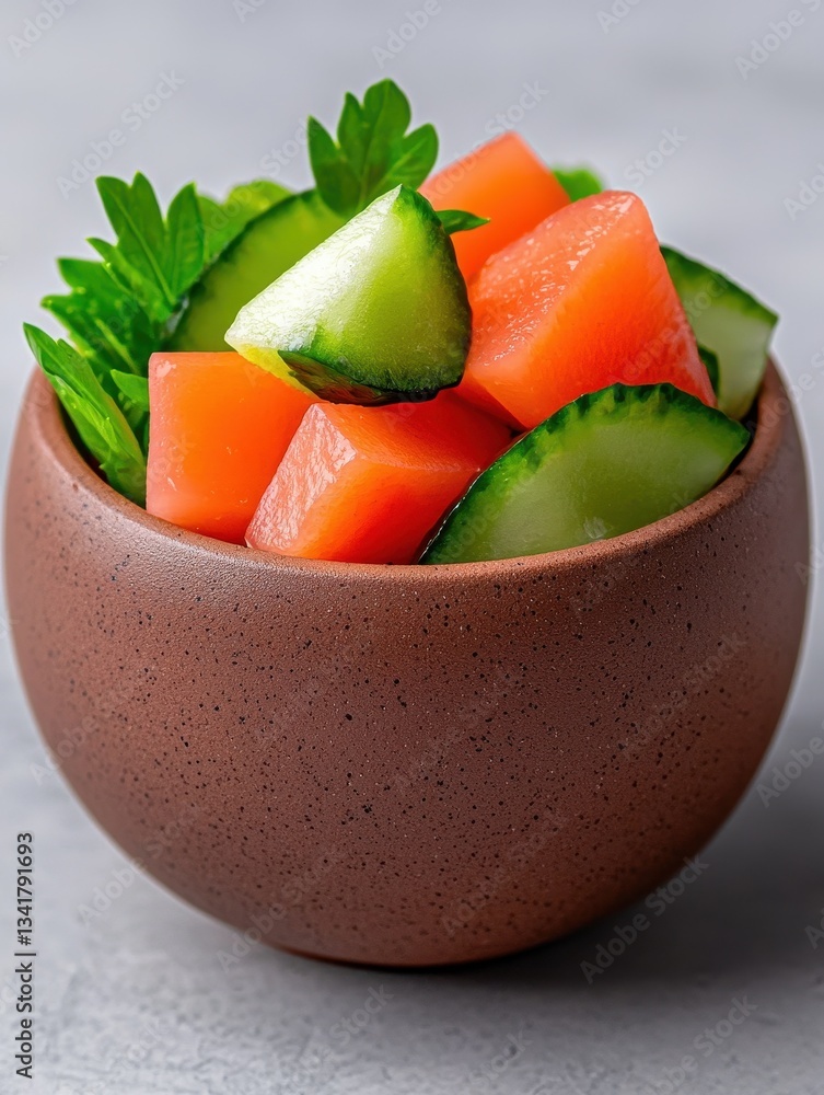 Fresh cucumber and melon salad served in a brown bowl, vibrant and healthy meal idea. Fresh cucumber and melon salad served in a brown bowl, vibrant and healthy meal idea.