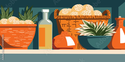 Illustration of a shelf with woven baskets, ceramic dishes, bottles, and fresh products. Natural colors, minimalism, cozy atmosphere. Perfect for interior design and marketing.