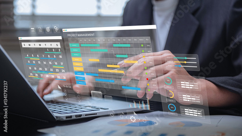 Project management and workflow scheduling interface. A business professional analyzing Gantt charts, tracking progress, and managing task execution through a digital strategy dashboard.