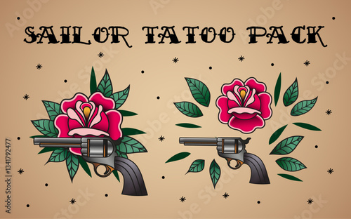 Vector Pistole and Rose Sailor Tattoo Style Set. Revolver and Rose old school tattoo. Traditional tattoo. Gangster style.
