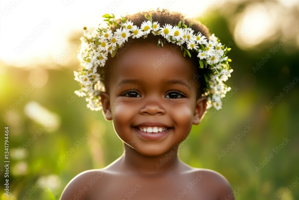 Smiling black infant boy with tt hair wearing white flower crown on his head. Dawn light. Happy holiday season holidays concept art. Bohemian summer dream for kids. Summer fun for children. Smiling black infant boy with tt hair wearing white flower crown on his head. Dawn light. Happy holiday season holidays concept art. Bohemian summer dream for kids. Summer fun for children.