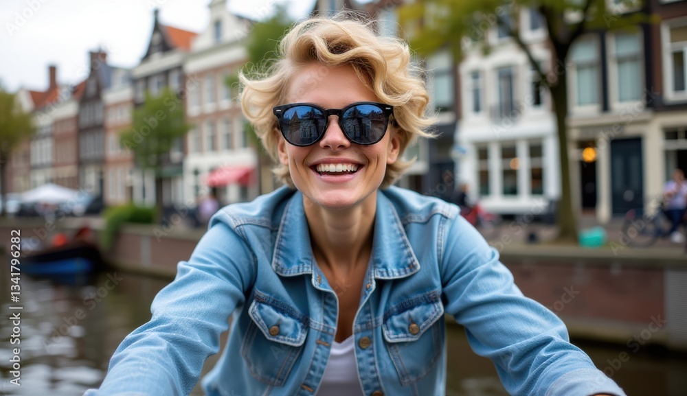 Smiling Woman in Glasses on Bicycle Near Canal in City Background Smiling Woman in Glasses on Bicycle Near Canal in City Background