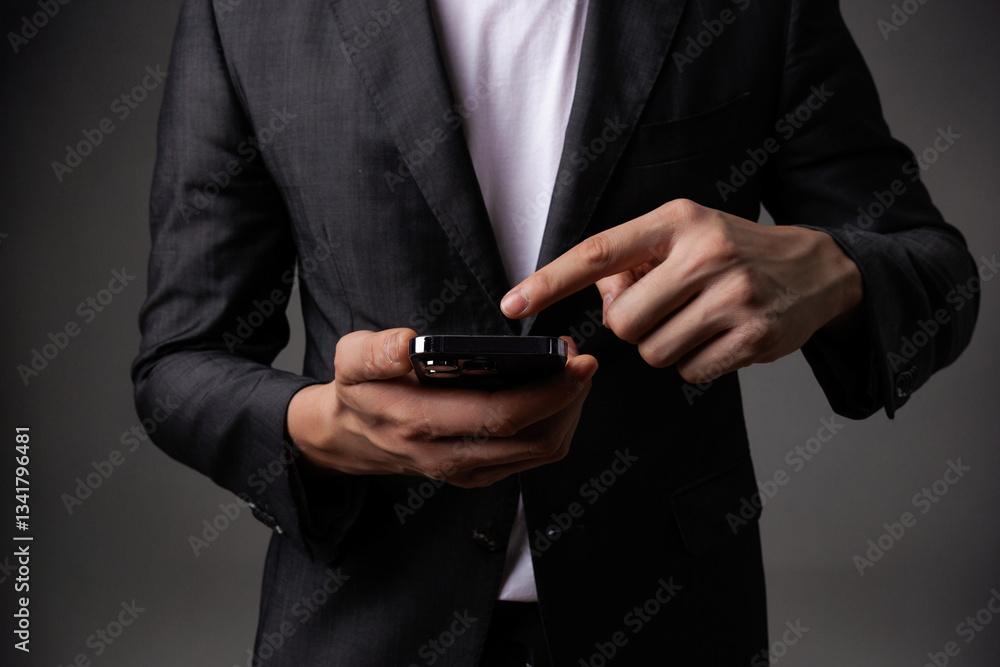 Businessman Extending Hand holding mobile phone in a Formal Suit. Businessman Extending Hand holding mobile phone in a Formal Suit.