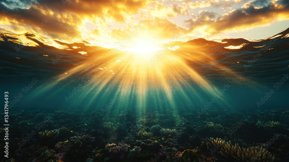 Fototapeta premium Underwater Coral Reef Bathed in Vibrant Sunset Light with Sunbeams Penetrating the Clear Water Illuminating Colorful Marine Life and Coral Structures