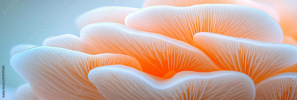Artistic macro image of mushroom caps softly blending into abstract forms, emphasizing intricate Artistic macro image of mushroom caps softly blending into abstract forms, emphasizing intricate