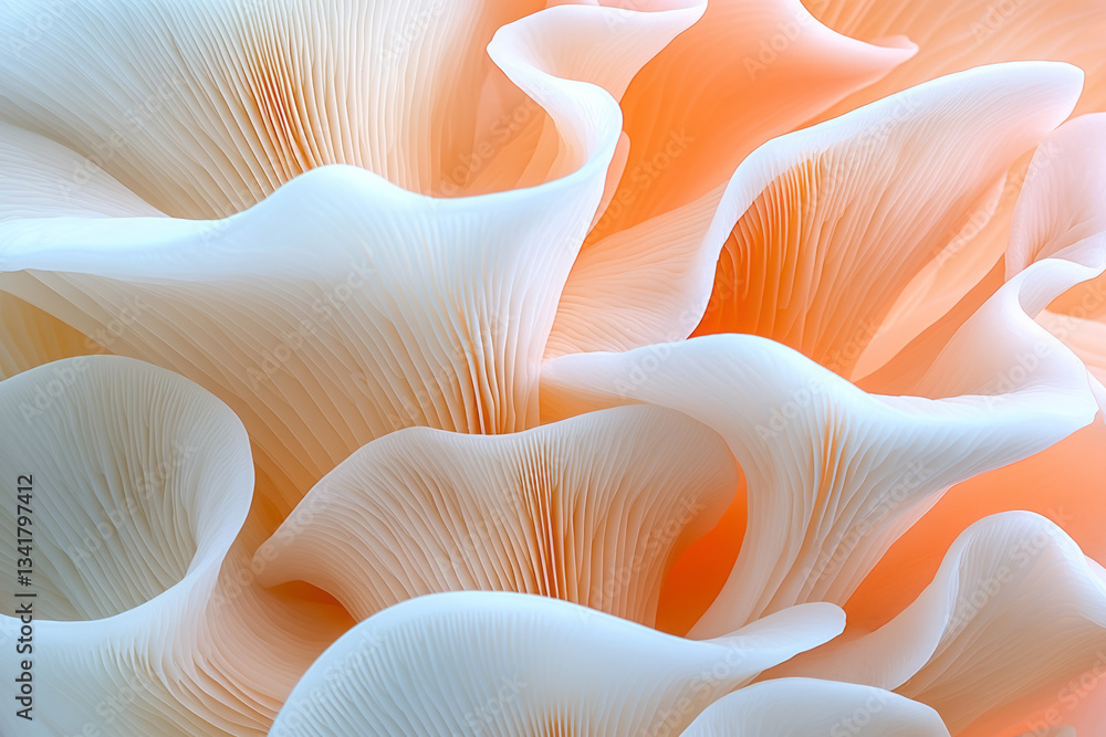 Minimalist macro scene showcasing soft textures of mushroom surfaces gently merging into abstract
