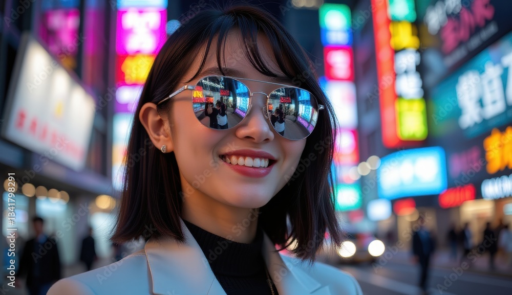 Young Woman Smiling Under Neon Lights in Urban Night Scene Young Woman Smiling Under Neon Lights in Urban Night Scene