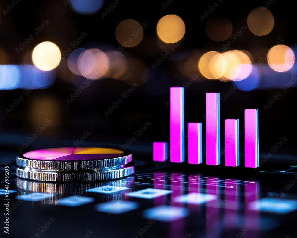 Innovative concept of digital finance with colorful charts and coins. Innovative concept of digital finance with colorful charts and coins.