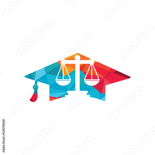 Law scale with graduation cap icon logo design. Law education vector logo concept.