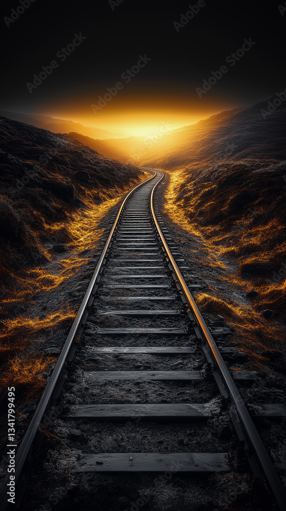 Obraz premium Dramatic railway track leading into a glowing horizon. A surreal, cinematic landscape with golden light and deep shadows. Perfect for modern phone wallpapers and digital art.