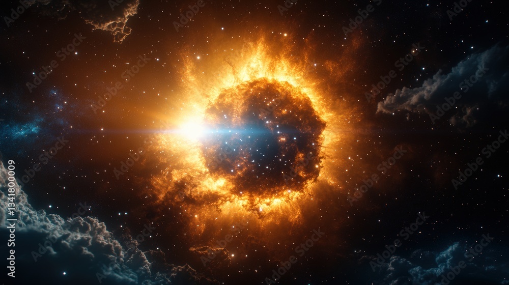 Obraz premium A Blazing Cosmic Explosion Illuminating the Dark Space with Fiery Orange and Yellow Sphere Surrounded by Intense Energy and Sparkling Stars in Nebula