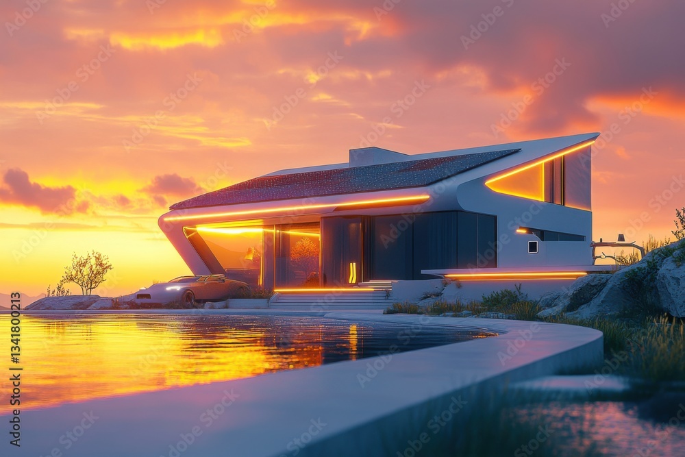 Obraz premium Futuristic luxury villa with sleek architecture, neon lighting, and a swimming pool at sunset, reflecting a modern and high-tech lifestyle