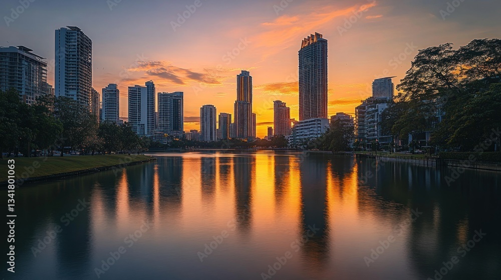 Obraz premium Cityscape sunset reflection, park lake, twilight