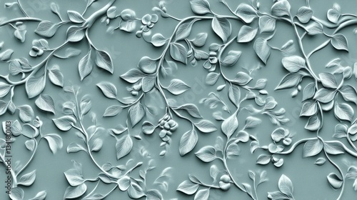Delicate, embossed floral pattern on a light gray background.  Intricate, textured leaves and blossoms create a sense of depth and relief