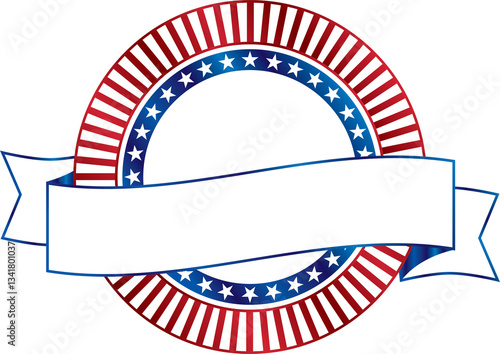 Patriotic icon with blank ribbon isolated on transparent background.  Red, white and blue stars and stripes banner isolated on white. American icon png
