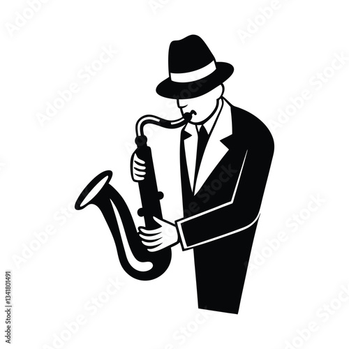 Silhouette vector art illustration of a jazz musician in a fedora and suit and playing a saxophone.eps