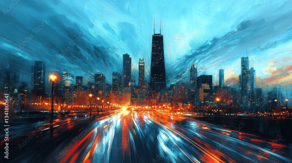 Fototapeta premium Cityscape, night, highway, motion blur, Chicago, artwork, vibrant, dynamic, website, banner
