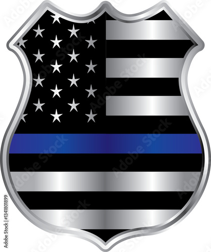 National Police Week symbol. Police badge with the American flag inside. Metal shield with blue stripe honoring the police force. Remembering those who serve and served