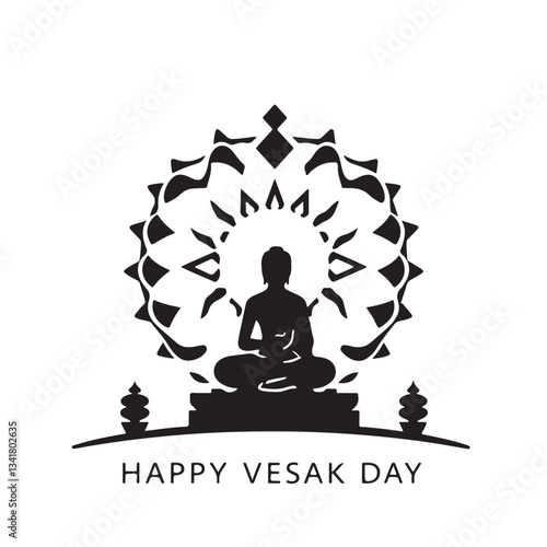 A  timeless and elegant black and white vector silhouette logo Happy Vesak Day illustration on white background. Geometric shapes and clean lines create a balanced and symmetrical design, prioritizing