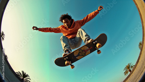 Highly stylized portrait of a skateboarder taken with a wide-angle or fisheye lens, vibrant colors and soft natural lighting with strong depth and distortion, contemporary and artistic composition 