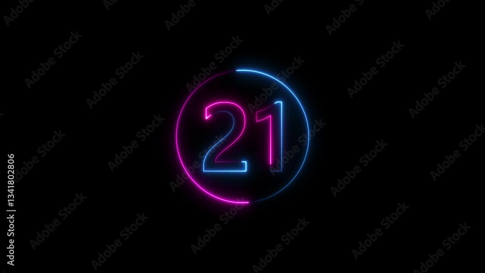 Abstract neon countdown 21 number text background illustration.