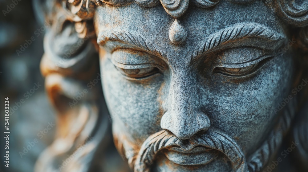 Close-Up View of a Serene Stone Sculpture Showing Compassionate Facial Expression Close-Up View of a Serene Stone Sculpture Showing Compassionate Facial Expression
