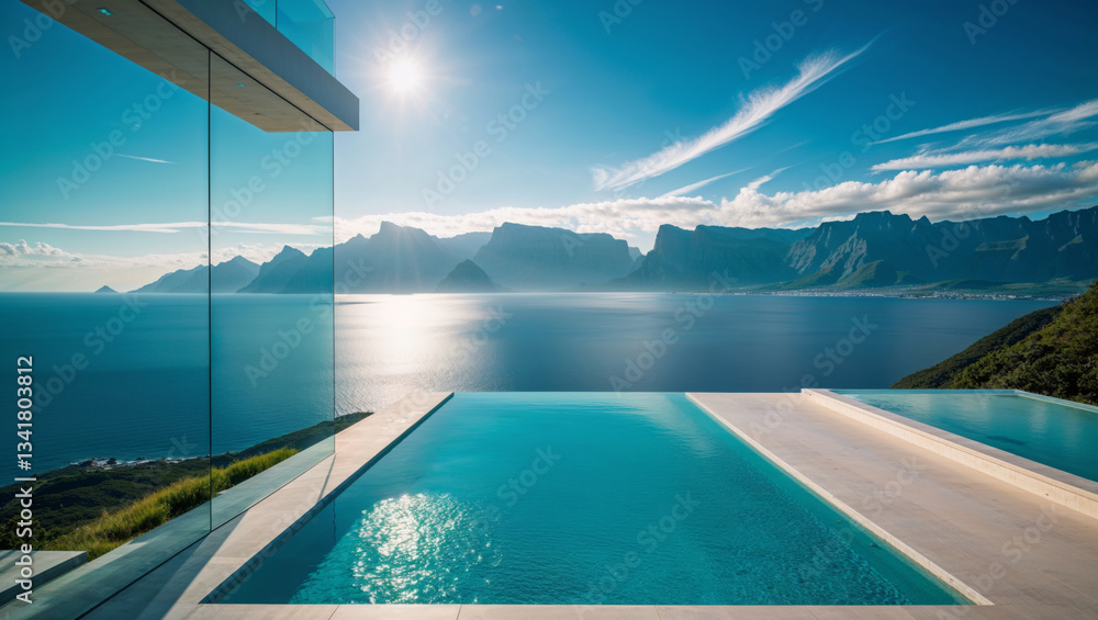 Breathtaking ocean and mountain views from a luxurious infinity pool on a sunny day. Breathtaking ocean and mountain views from a luxurious infinity pool on a sunny day.