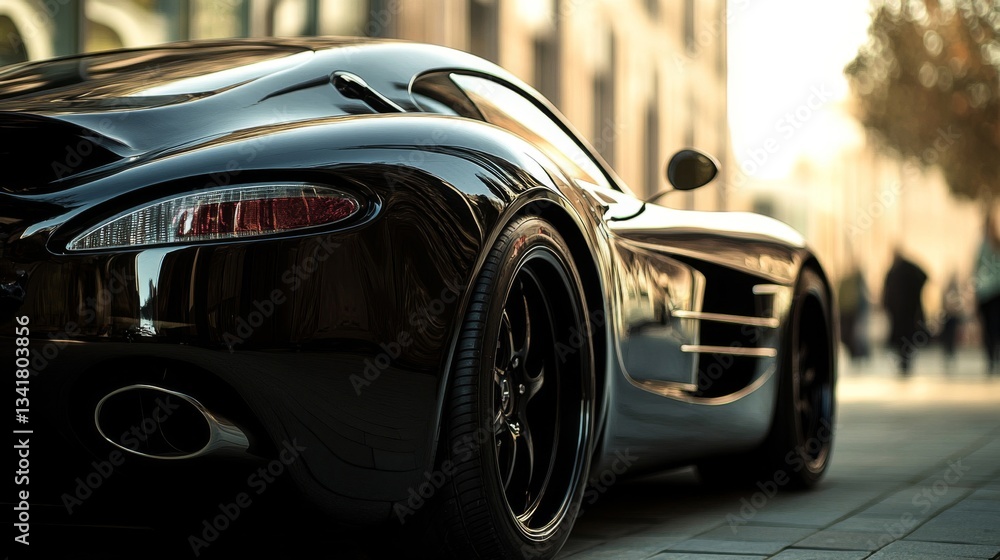 Fototapeta premium Black Luxury Sports Car on City Street at Sunset