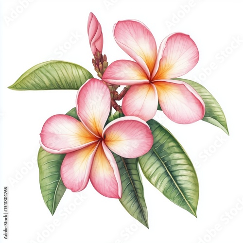 Frangipani plumeria flowers with leaves. Watercolor illustration