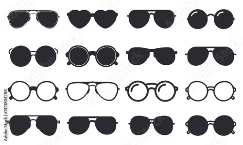  Vector Collection of Sunglasses Icons. Various Styles Including Heart-Shaped, Round, Aviator, and Retro Sunglasses for Fashion and Accessories