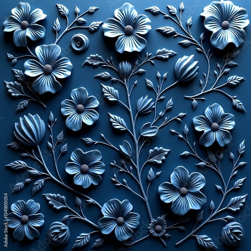 Wallpaper Mural Embossed Floral Botanical Relief - Monochrome Blue Elegant Texture Torontodigital.ca