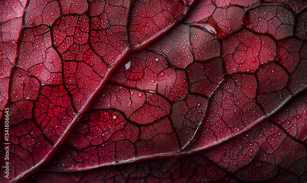 Obraz premium Close-up of a textured leaf with droplets, illuminated by warm, colorful light, creating an abstract and artistic effect.