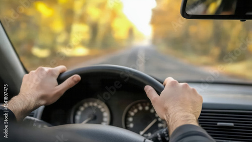 Wallpaper Mural Driver hands on steering wheel during autumn trip, he is traveling or driving to work colorful foliage frames picturesque road, driving on autumn road Torontodigital.ca