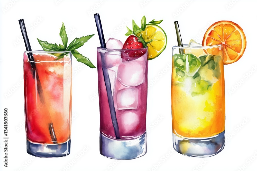 Hand drawn watercolor summer cocktails isolated on white background. Delicious food Illustration. Hand drawn watercolor summer cocktails isolated on white background. Delicious food Illustration.