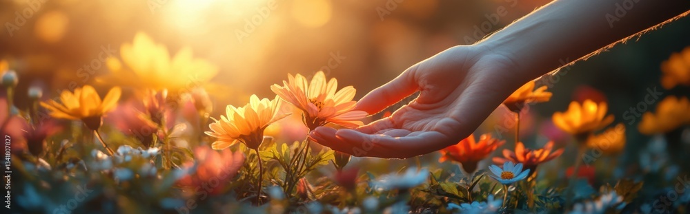 Person's hand gently reaching for beautiful flower in a lush garden capturing a serene and peaceful mood Person's hand gently reaching for beautiful flower in a lush garden capturing a serene and peaceful mood