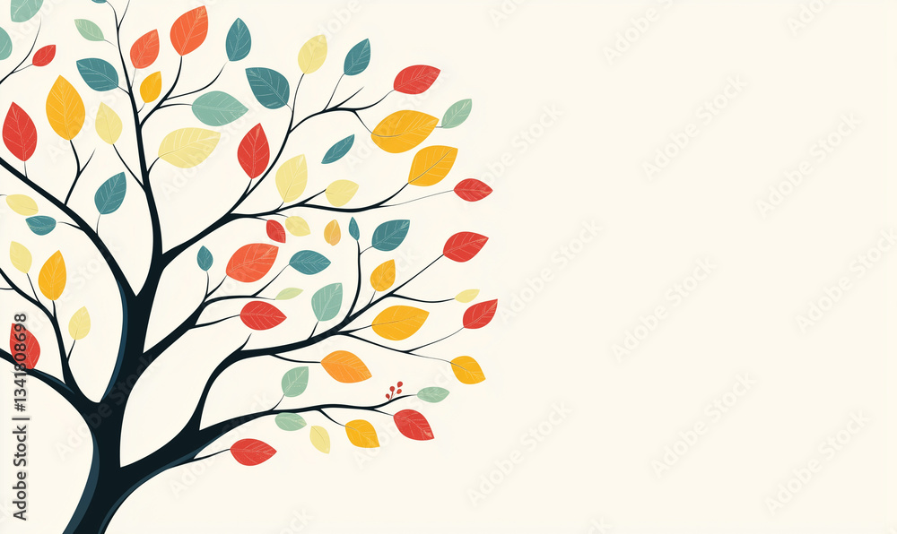 Obraz premium Stylized tree with colorful leaves on a light background, representing nature and seasonal change.